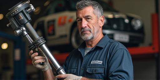 Carlos Rivas, Experto en Suspensión y Chasis de Tayrona Tracks, examinando una suspensión de carreras