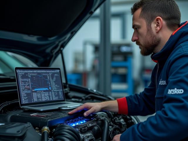 Técnico realizando ajustes electrónicos en el motor de un vehículo