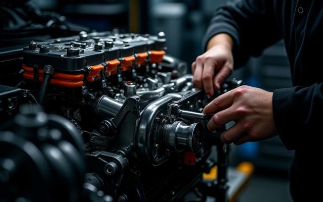 Motor de alto rendimiento siendo afinado con herramientas de precisión