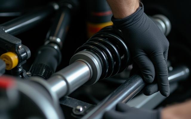 Suspensión de coche de carreras detallada siendo ajustada por un mecánico